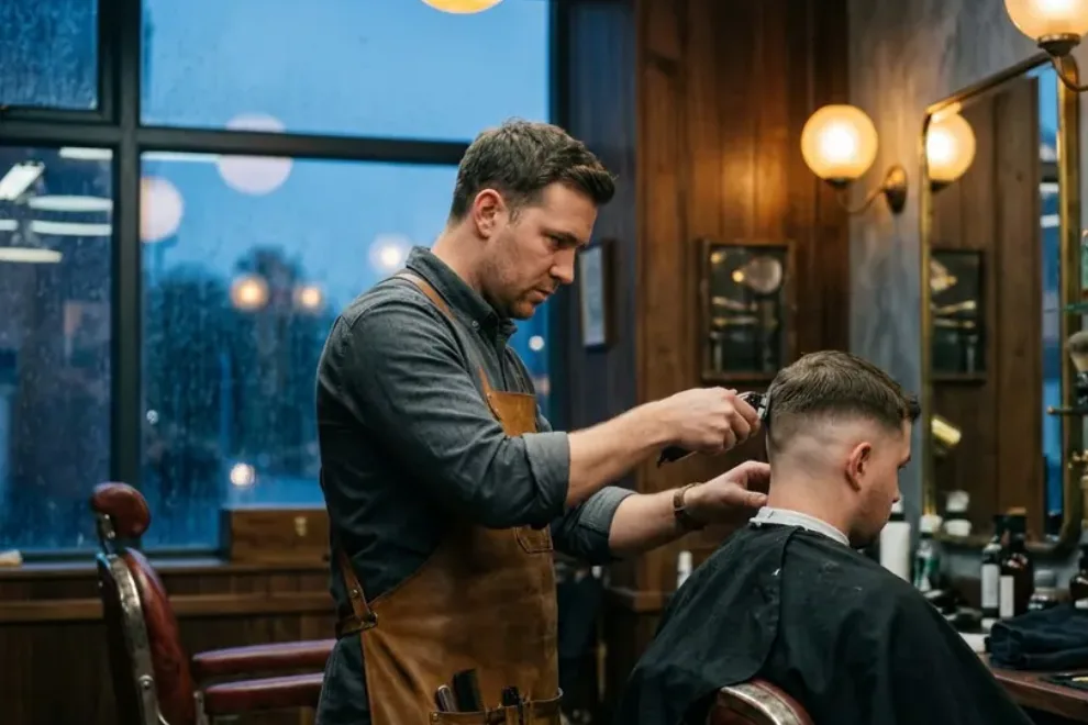 The Fade: Barber finishing a skin fade