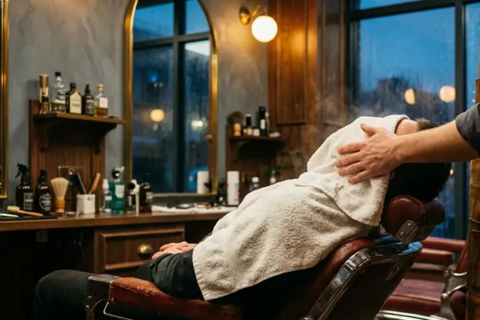 Hot-Towel Shave: Hot towel on a reclined client
