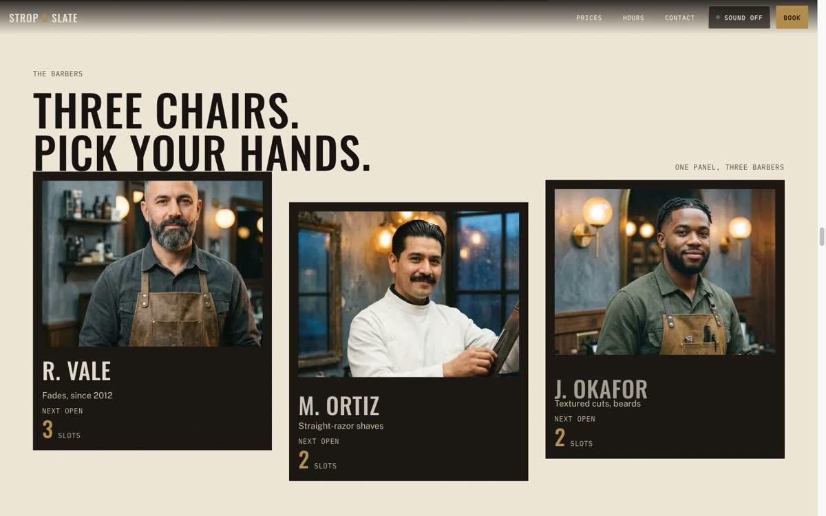 Desktop: three barbers with their open slots