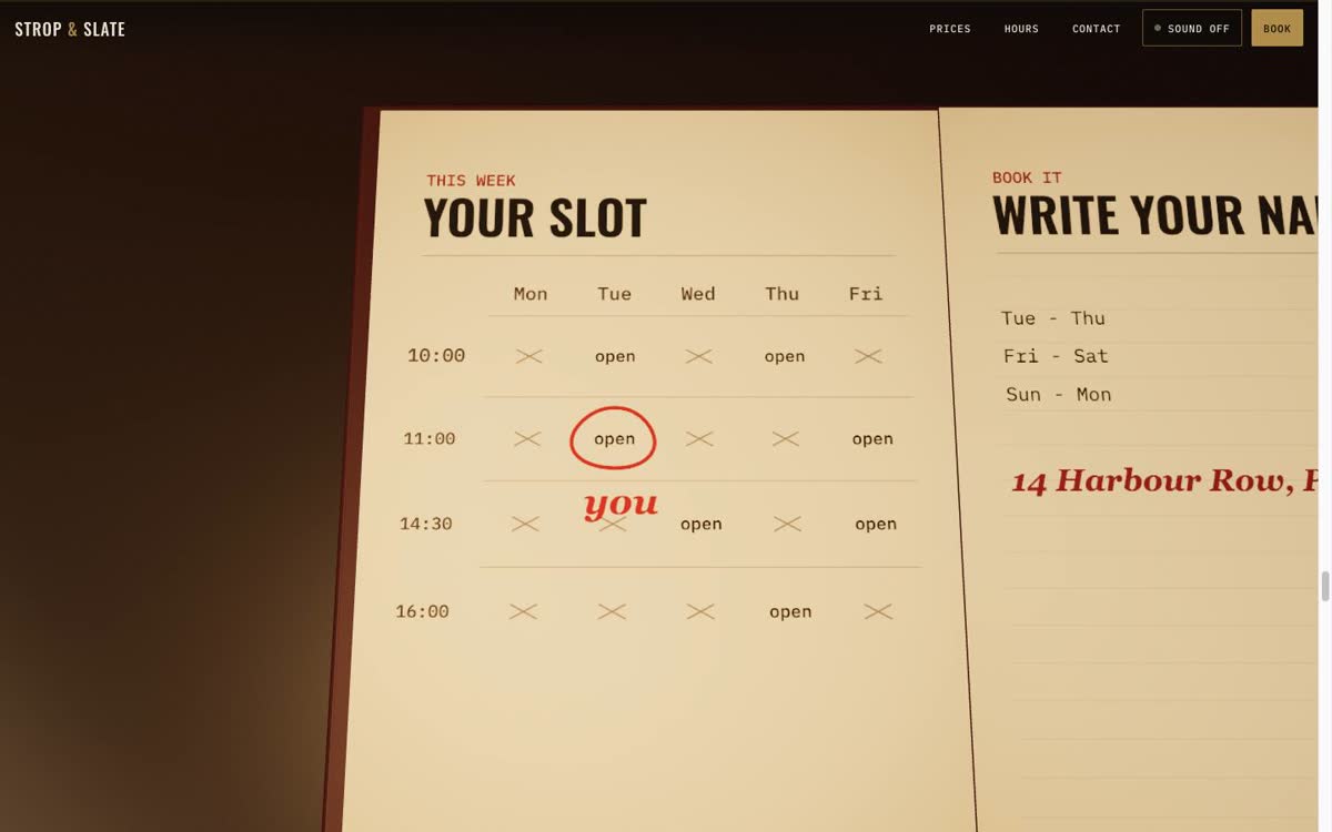 Desktop: the booking book with a circled slot