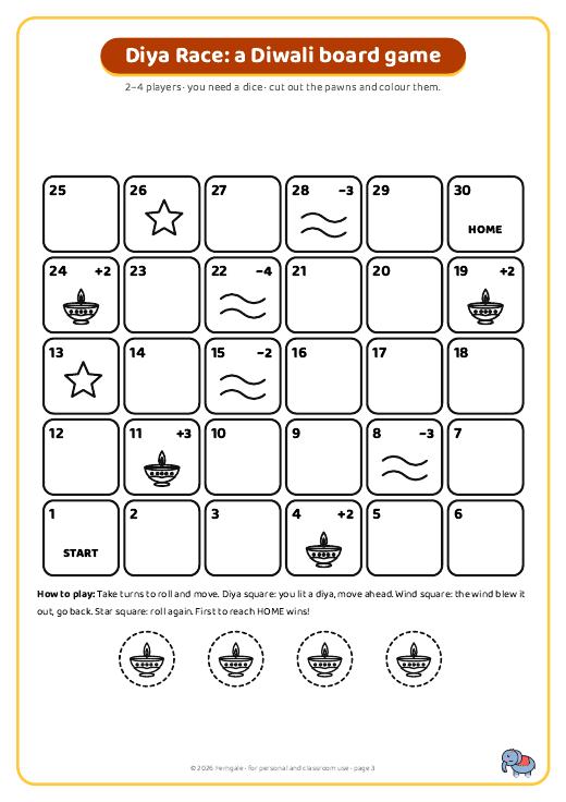 Diya Race board game page from the Diwali Pack